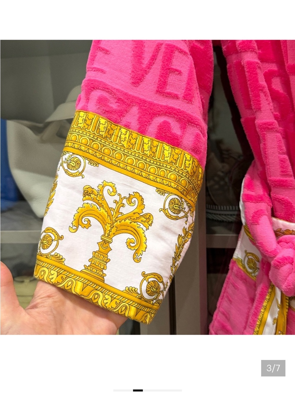 Versace Hot Pink Plush Logo Robe with Gold Baroque Accents - Picture 5 of 12